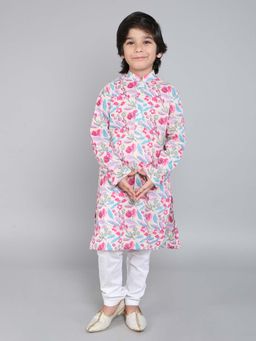 Little Clothings - Boys- Cotton Fabric Paired with A White Churidaar-Cream (Set of 2)