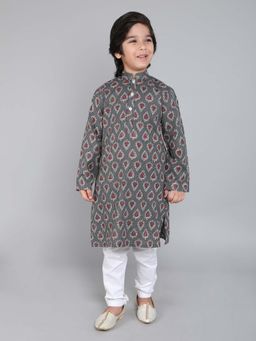 Little Clothings - Boys- Cotton Fabric Paired with A White Churidaar-Grey (Set of 2)