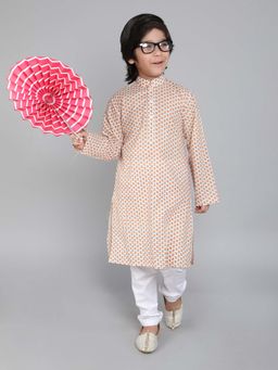 Little Clothings - Boys- Cotton Fabric Paired with A White Churidaar- Cream (Set of 2)