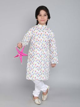 Little Clothings - Boys- Cotton Fabric Paired with A White Churidaar-Offwhite (Set of 2)