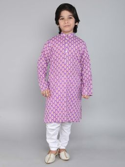Little Clothings - Boys- Cotton Fabric Paired with A White Churidaar-Purple (Set of 2)