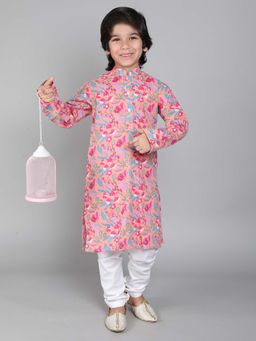 Little Clothings - Boys- Cotton Fabric Paired with A White Churidaar-Peach (Set of 2)