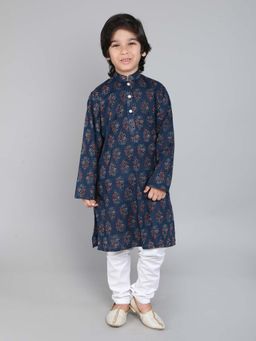Little Clothings - Boys-Cotton Fabric Paired with A White Churidaar-Navy Blue (Set of 2)