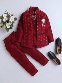 FOURFOLDS - Maroon Boys Indo Blazer & Trouser (Set of 3)