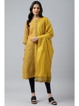W - Dark Yellow Cotton Dupatta With Pinfold Border