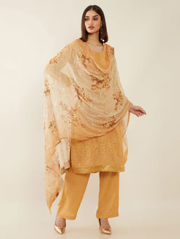 Soch - Light Gold Machine Embroidery Chinon Unstitched Dress Material ( Set of 3 )