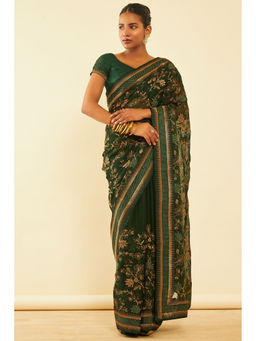 Soch - Womens Green Chiffon Zari Embroidered Saree with Unstitched Blouse