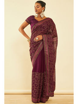 Soch - Womens Wine Chiffon Zari Embroidered Saree with Unstitched Blouse