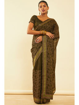 Soch - Womens Olive Chiffon Zari Embroidered Saree with Unstitched Blouse