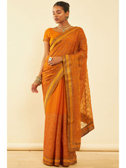 Soch - Womens Mustard Chiffon Zari Embroidered Saree with Unstitched Blouse