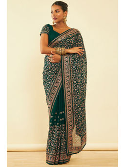 Soch - Womens Green Chiffon Zari Embroidered Saree with Unstitched Blouse