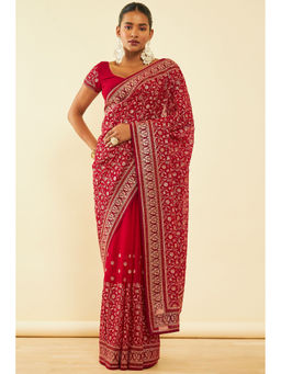Soch - Womens Pink Chiffon Zari Embroidered Saree with Unstitched Blouse