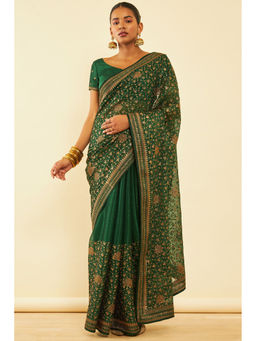 Soch - Womens Green Chiffon Zari Embroidered Saree with Unstitched Blouse