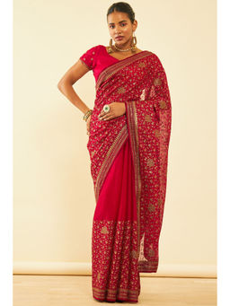 Soch - Womens Pink Chiffon Zari Embroidered Saree with Unstitched Blouse