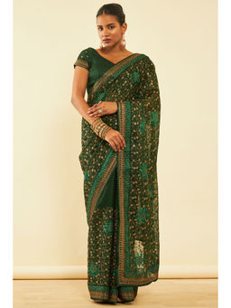Soch - Womens Green Chiffon Zari Embroidered Saree with Unstitched Blouse