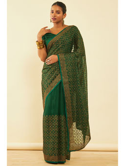 Soch - Womens Green Chiffon Zari Embroidered Saree with Unstitched Blouse