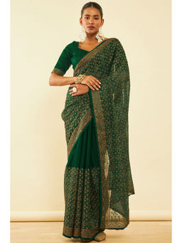 Soch - Womens Teal Green Chiffon Zari Embroidered Saree with Unstitched Blouse