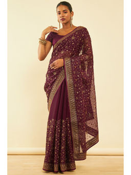 Soch - Womens Purple Chiffon Zari Embroidered Saree with Unstitched Blouse