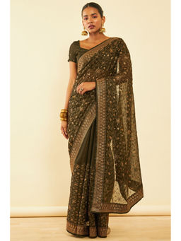 Soch - Womens Olive Chiffon Zari Embroidered Saree with Unstitched Blouse