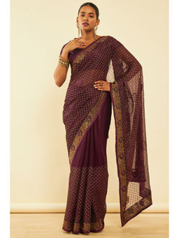 Soch - Womens Purple Chiffon Zari Embroidered Saree with Unstitched Blouse