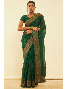 Soch - Womens Green Chiffon Zari Embroidered Saree with Unstitched Blouse