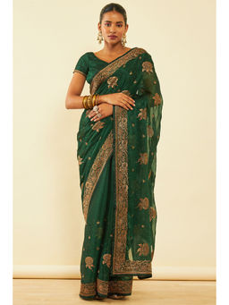 Soch - Womens Green Chiffon Zari Embroidered Saree with Unstitched Blouse