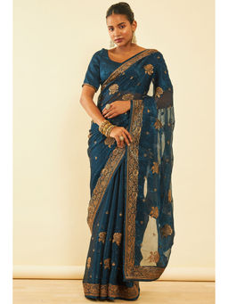 Soch - Womens Blue Chiffon Zari Embroidered Saree with Unstitched Blouse