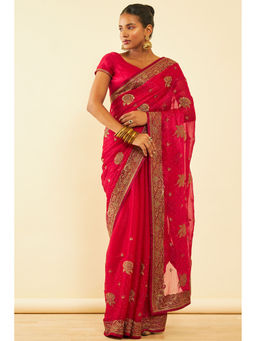 Soch - Womens Pink Chiffon Zari Embroidered Saree with Unstitched Blouse