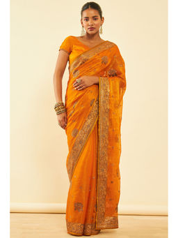 Soch - Womens Mustard Chiffon Zari Embroidered Saree with Unstitched Blouse