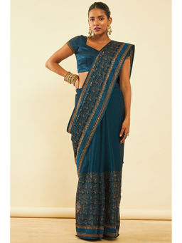 Soch - Womens Blue Chiffon Zari Embroidered Saree with Unstitched Blouse