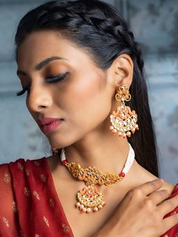 Priyaasi - Ethnic Gold & Red Floral Meenakari Jewellery Set