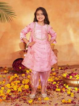 PSPeaches - Girls Pink Ethnic Embroidered Soft Organza A-Line Kurta With Dhoti Pant Set