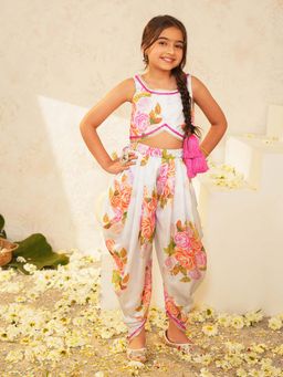 PSPeaches - Girls White Ethnic Floral Print Muslin Regular Crop Top With Dhoti Pant Set