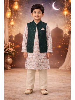 PSPeaches - Boys Green & Beige Ethnic Printed Bamboo silk Straight Fit Kurta With Pyjama & Jacket