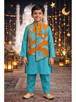 PSPeaches - Boys Orange & Turquoise Ethnic Floral Cotton Flex Straight Fit Kurta With Pyjama & Jacket