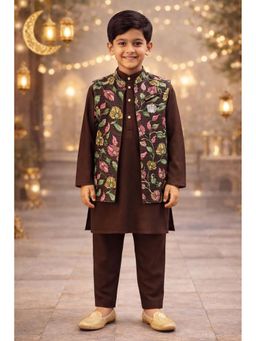 PSPeaches - Boys Brown Floral Kurta With Pajama & Jacket