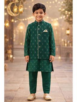 PSPeaches - Boys Bottle Green Ethnic Jacquard Lurex Straight Fit Kurta With Pyjama Set
