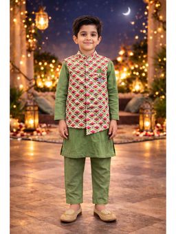 PSPeaches - Boys Green Floral Kurta With Pajama & Jacket