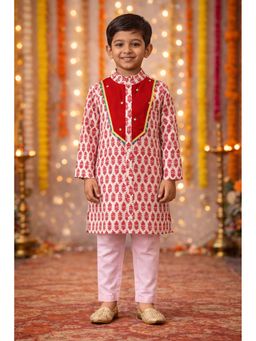 PSPeaches - Boys Red & Pink Ethnic Motifs Pattern Cotton A-Line Kurta With Pyjama Set