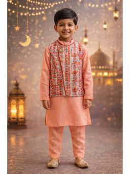 PSPeaches - Boys Peach Ethnic Motif Rayon Slub Straight Fit Kurta With Pyjama & Jacket
