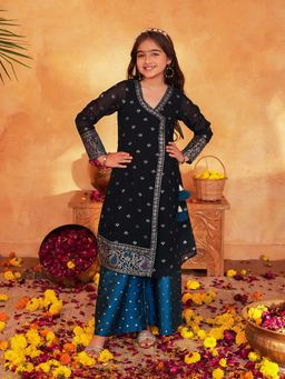 PSPeaches - Girls Blue & Black Ethnic Foil printed Angrakha Kurta With Palazzo Set