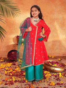 PSPeaches - Girls Red Embroidered Angrakha Kurta With Palazzo & Dupatta