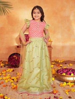 PSPeaches - Girls Green Printed Lehenga With Choli & Dupatta