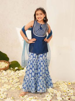 PSPeaches - Girls Blue Ethnic Motifs Vichitra Silk Straight Fit Kurta & Sharara With Dupatta