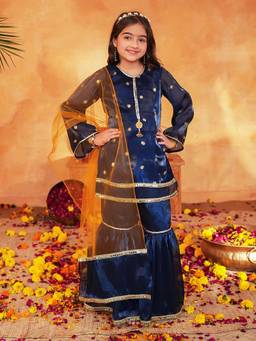 PSPeaches - Girls Navy Blue Ethnic Embroidered Jimmy Organza A-Line Kurta & Sharara With Dupatta
