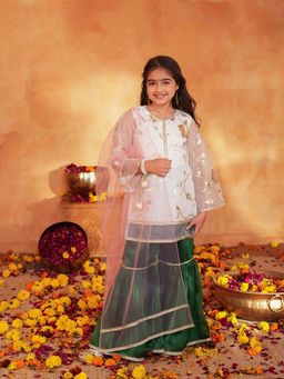 PSPeaches - Girls Off White Printed Kurta With Sharara & Dupatta