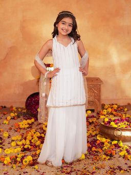 PSPeaches - Girls Off White Embroidered Kurta With Palazzo & Dupatta