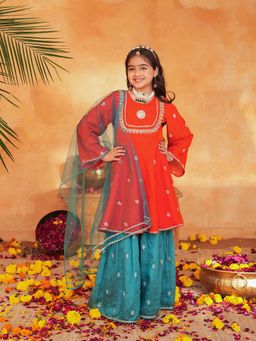 PSPeaches - Girls Orange Embroidered Kurta With Sharara & Dupatta