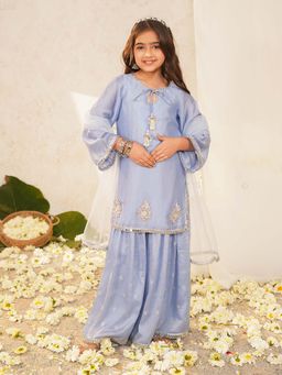 PSPeaches - Girls Blue Embroidered Kurta With Sharara & Dupatta