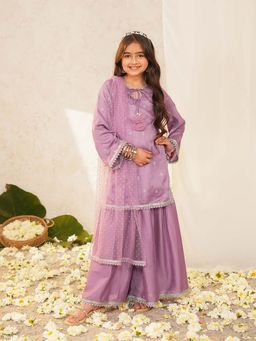 PSPeaches - Girls Purple Embroidered Kurta With Sharara & Dupatta